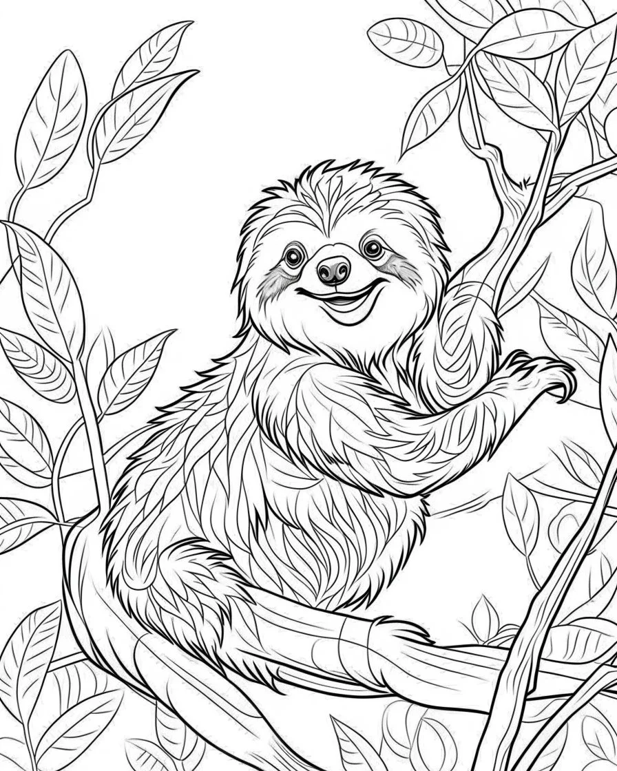 create a 2d black outline, "safari smiling cartoon sloth on a branch coloring book for kids", coloring page, low details design, black contour, coloring page design, simple background, colorful , card style, coloring page for kids, white background, sketch style, safari landscape, cartoon style