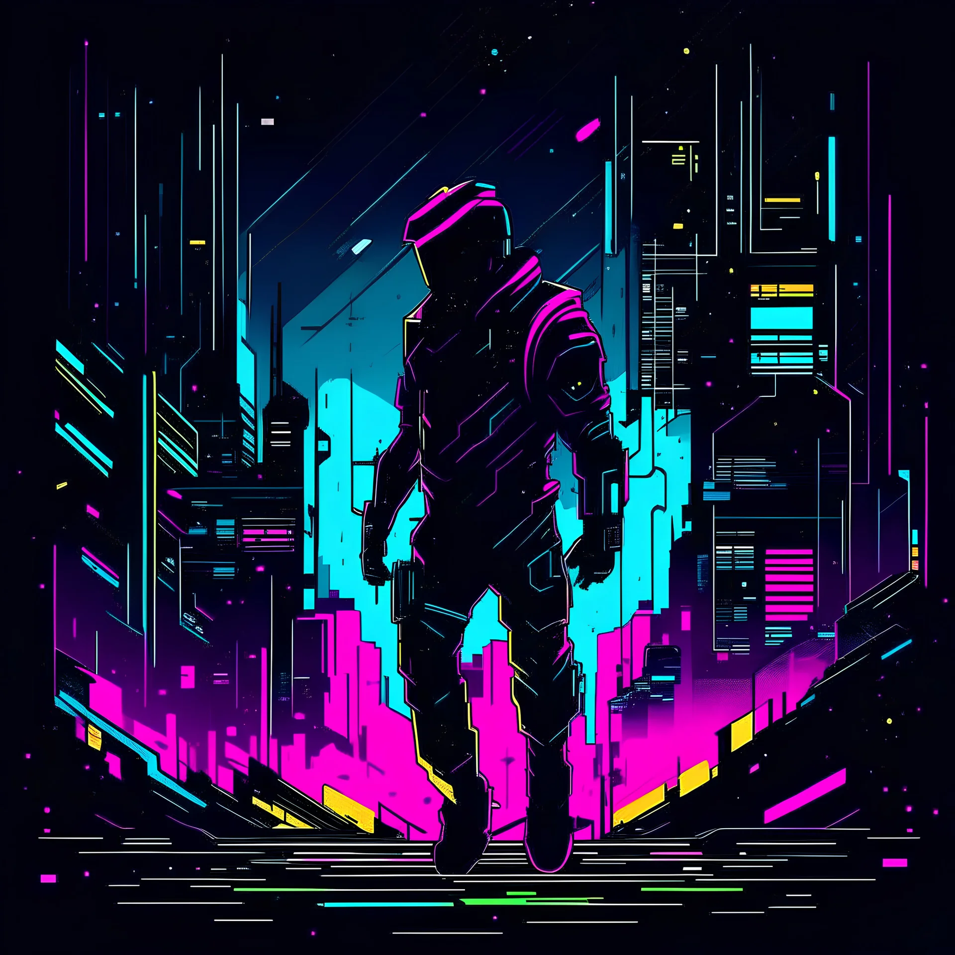 Vector illustration, Minimalistic, Digital illustration, a Little [Vintage tshirt print design (on a white background1.2), cyberpunk dreamscape, digital art of a pixelated warrior battling through a dystopian gaming world, (neon noir1.2), futuristic and edgy, reminiscent of classic RPGs.