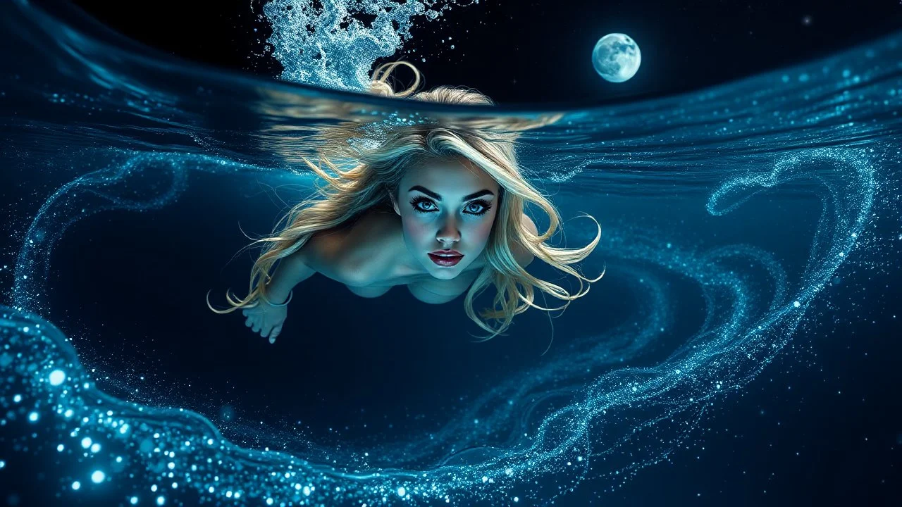Airbrush, A slender, ethereal woman with cascading blonde hair and piercing sapphire-blue eyes dives into the velvety blackness of the ocean, surrounded by an otherworldly aura of bioluminescence that shimmers like a thousand tiny lanterns. Airbrush, The water around her sparkles with a mesmerizing glow, as if filled with stardust, with delicate, swirling patterns that evoke the shimmering beauty of the night sky. Stars and the moon hang low in the background, casting a silvery glow across the s