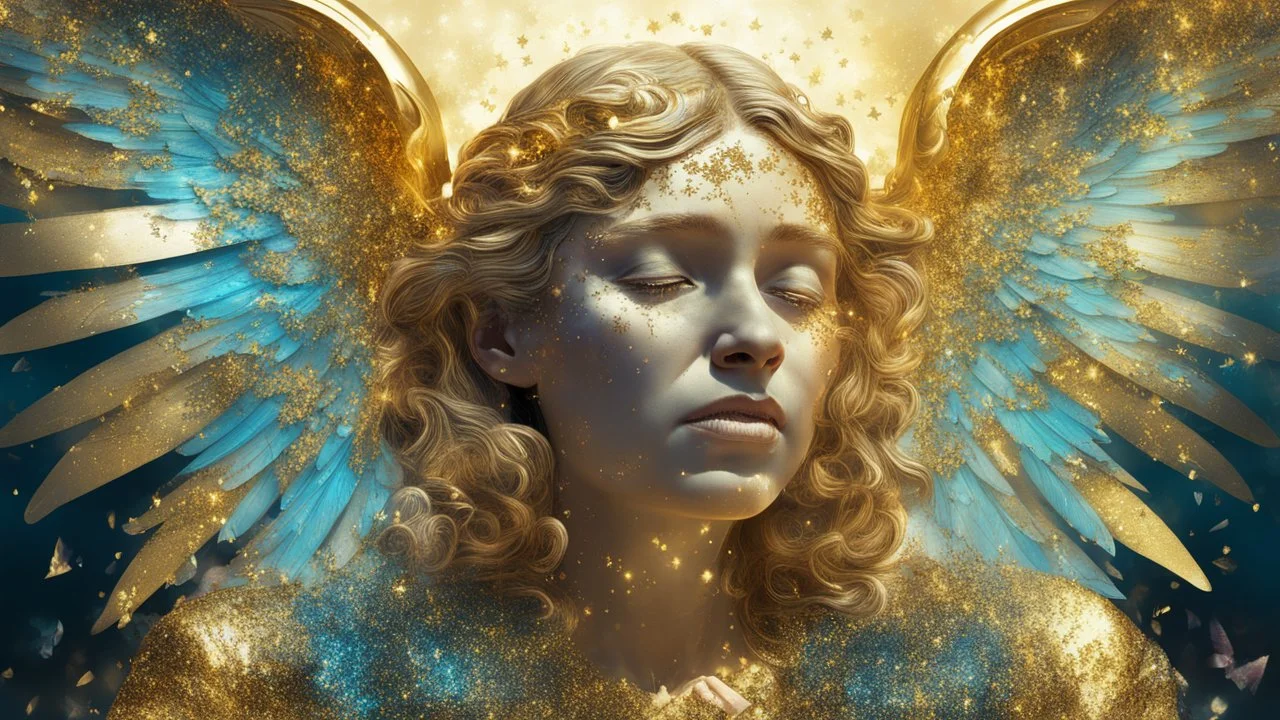 crying angel, double exposure in fantasy style, gold, glitter, fine rendering, bright colors, photorealism, 3D