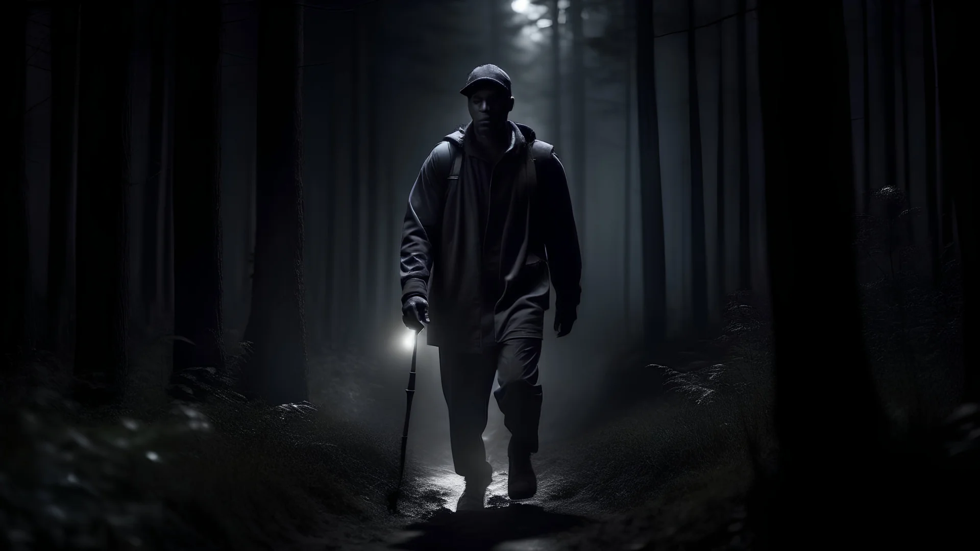 Dark Forest, Monsterverse, a man walking in the night with a flashlight in his hand, urban legend