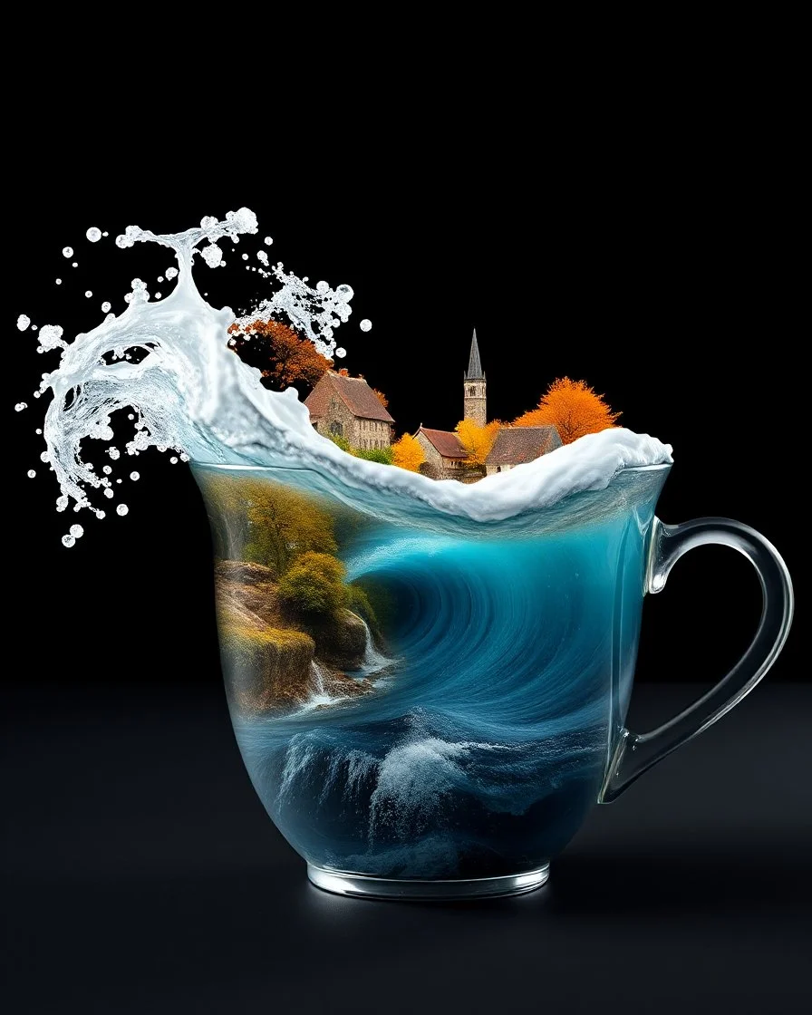 double exposure: a wave splashes out of a cup with an autumn fairy-tale landscape of a village 3d, landscape in a cup, surrealism, magic, fantasy art, black background