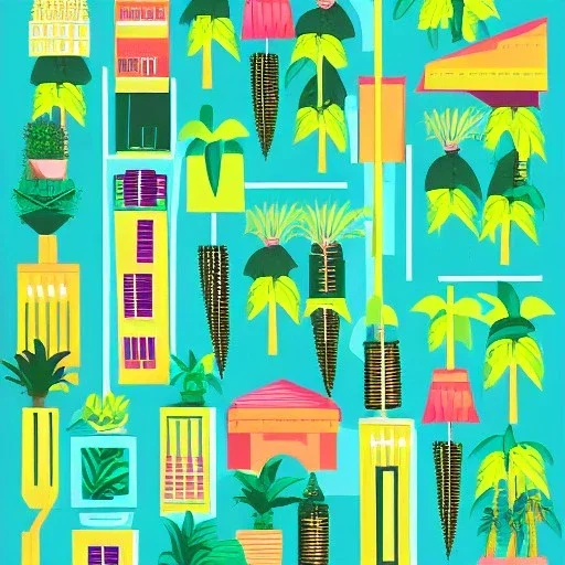 city, tropical, latino, plants, flat design, 2 colors, risograph zine