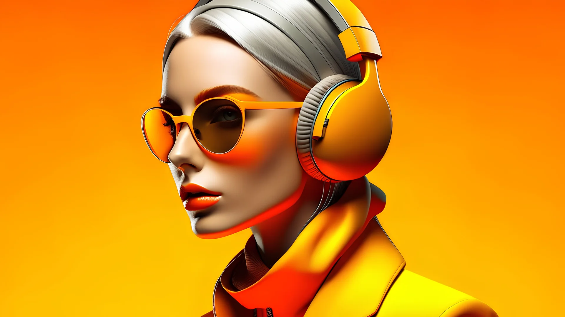 woman in headphones by fashion design studio on a sunny yellow background, in the style of daz3d, dark orange and silver, bold fashion photography, bold contrast, rich hues, optical, vivid shades, timeless beauty --ar 64:35 --upbeta