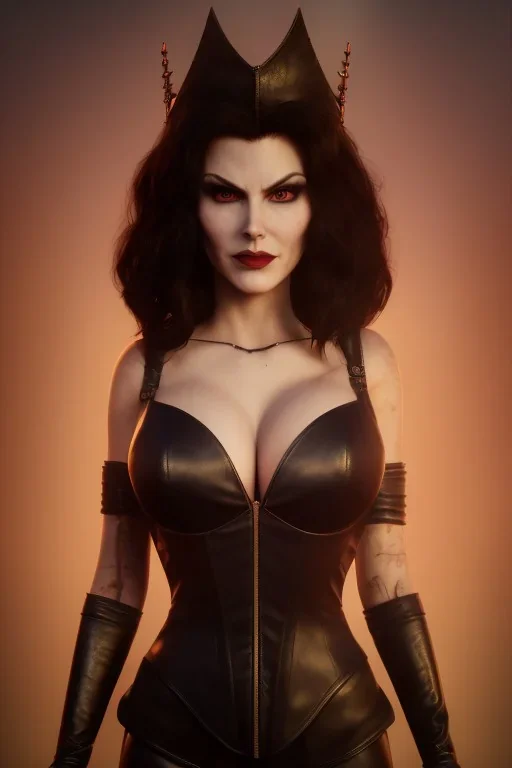 Amy Dumas as evil queen in black leather, leather, busty, cleavage, angry, rage, stern look. character design by cory loftis, fenghua zhong, ryohei hase, ismail inceoglu and ruan jia. unreal engine 5, artistic lighting, highly detailed, photorealistic, fantasy