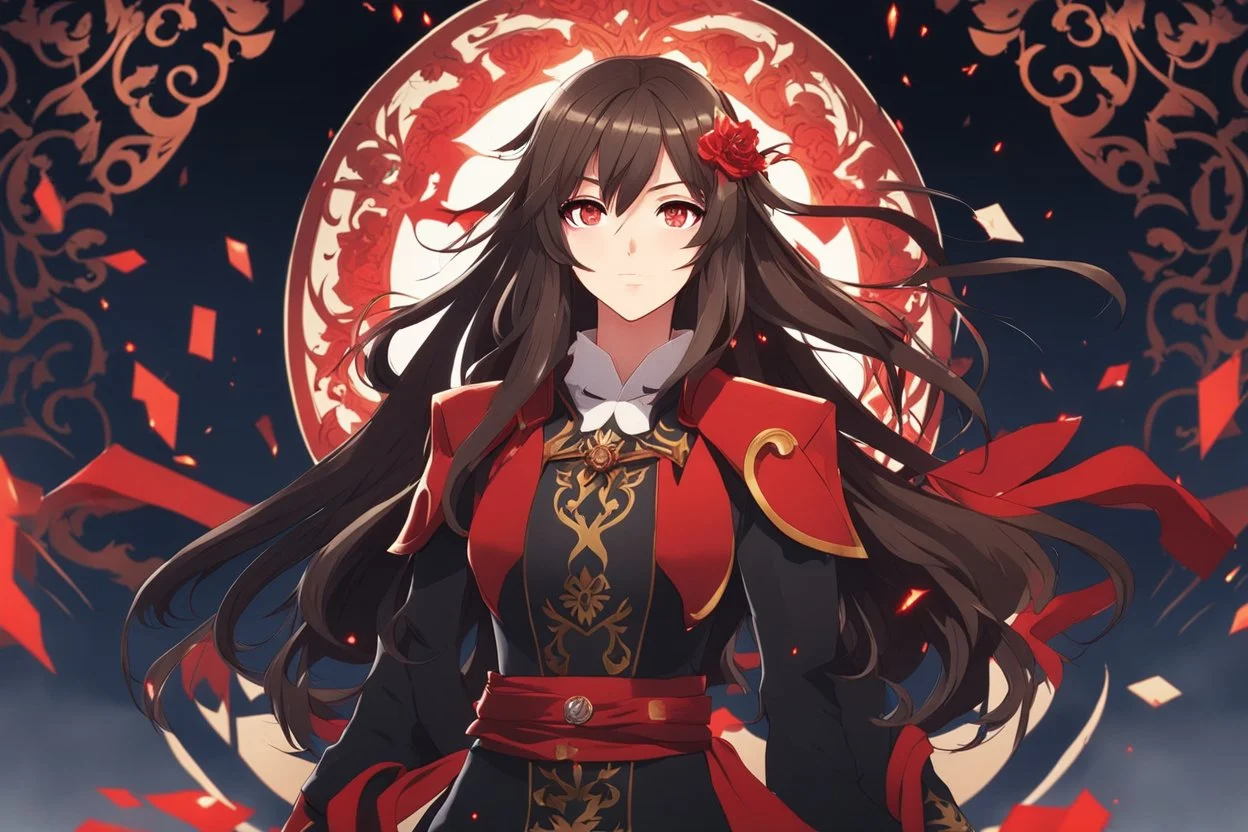 woman with long brown hair and red eyes from Genshin Impact, intricate background, intricate face, pyro archon, anime style, dynamic composition