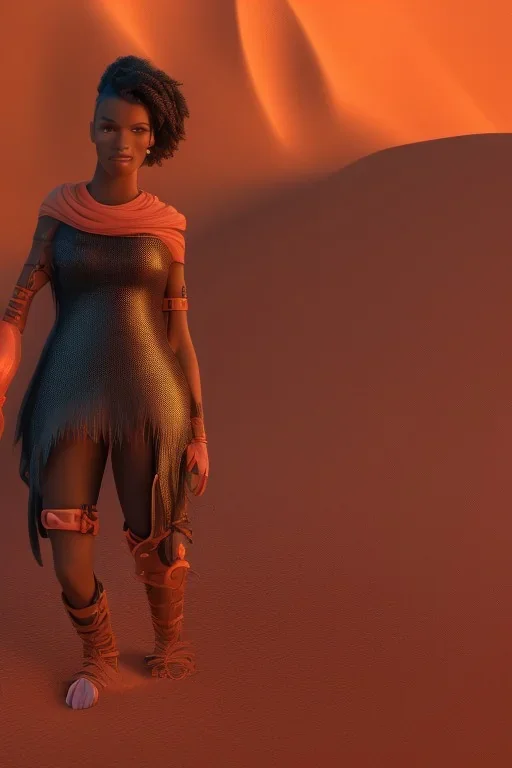 3D render of a cyberpunk tribal young black woman, black hair, ragged shirt, on a orange dune background, digital art