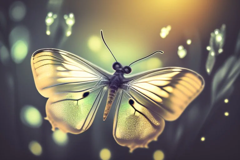 diaphanous transparent light butterfly with glowing center on dark grey leaves, ethereal, otherwordly, cinematic postprocessing, bokeh, dof