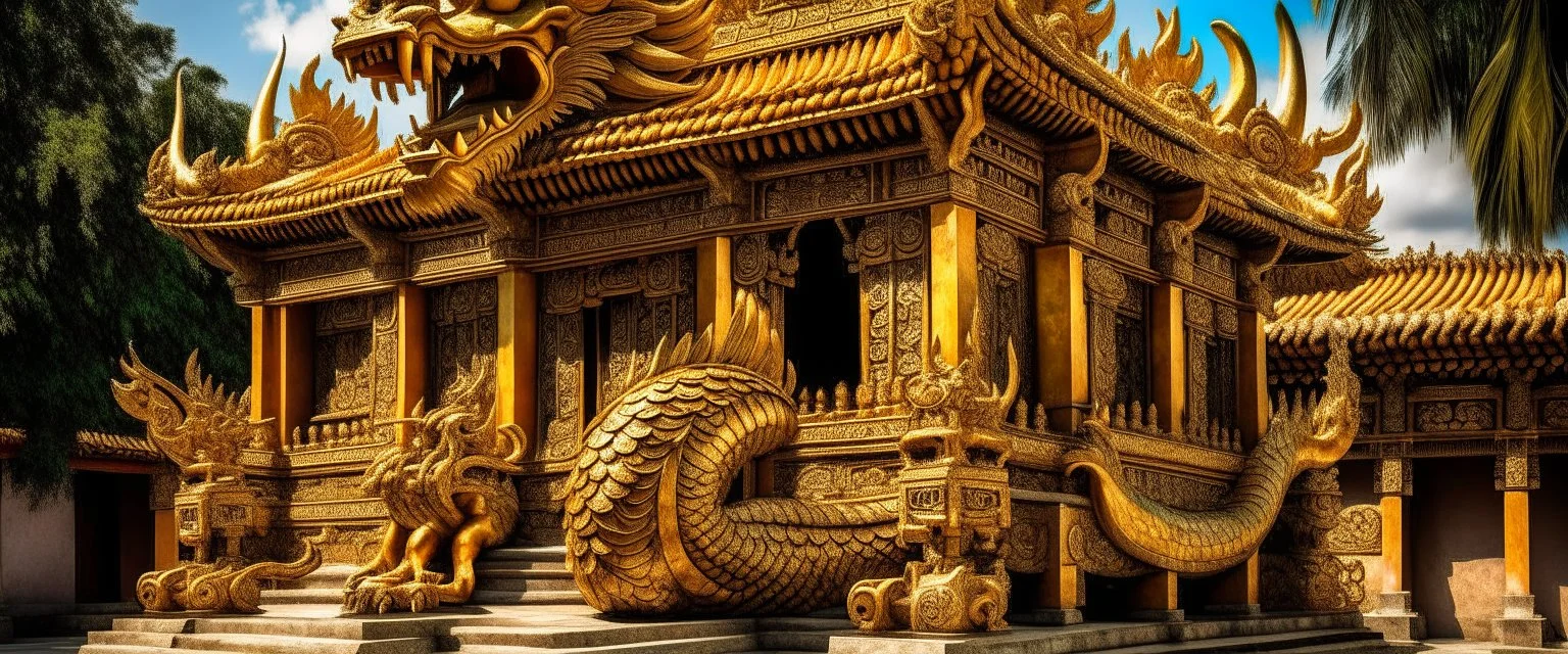 A golden mythical dragon temple designed in Mayan architecture