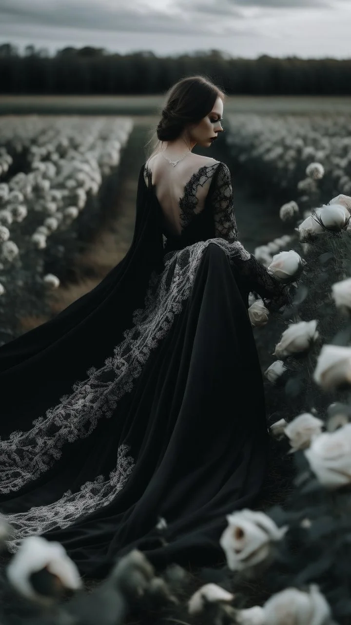 black lace scarf and dirty wedding dress in a field of white roses.cinematic picture