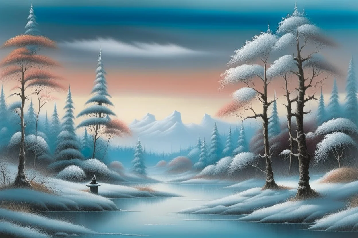 Tokyo Japan in the style of; Arctic Winter Day, by Bob Ross. Courtesy of the Franklin Park Arts Center and Bob Ross Inc. BOB ROSS