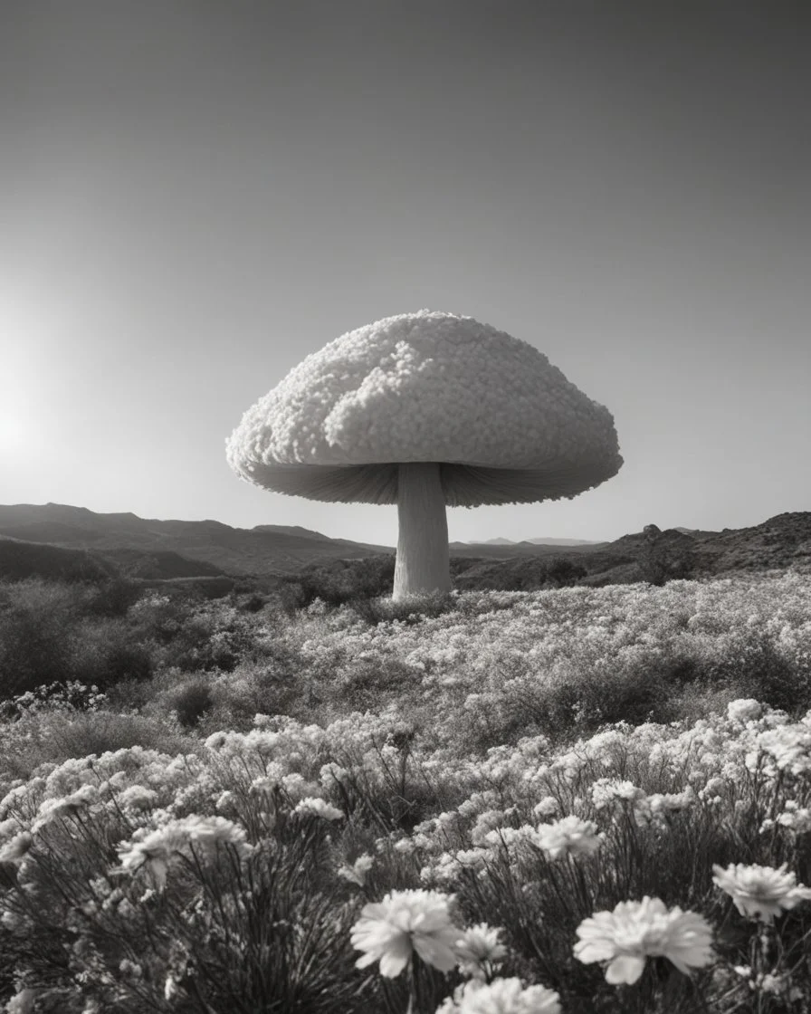 ULTRA REALISTIC, B&W Photograph, A mushroom cloud made of WHITE FLOWERS, in the distance in the desert, at Golden Hour, cinematic, cinematic shot, dynamic composition, details, intricate detail, professional lighting, film lighting, 35mm, anamorphic, lightroom, cinematography, bokeh, lens flare, film grain, hdr10, 8k, Roger Deakins, incredibly detailed, reflect, sharpen