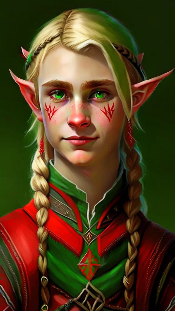 A young elf with blond hair in a single braid, green eyes and a small smile. He is dressed in an artist's costume mixing red and black as the main color.