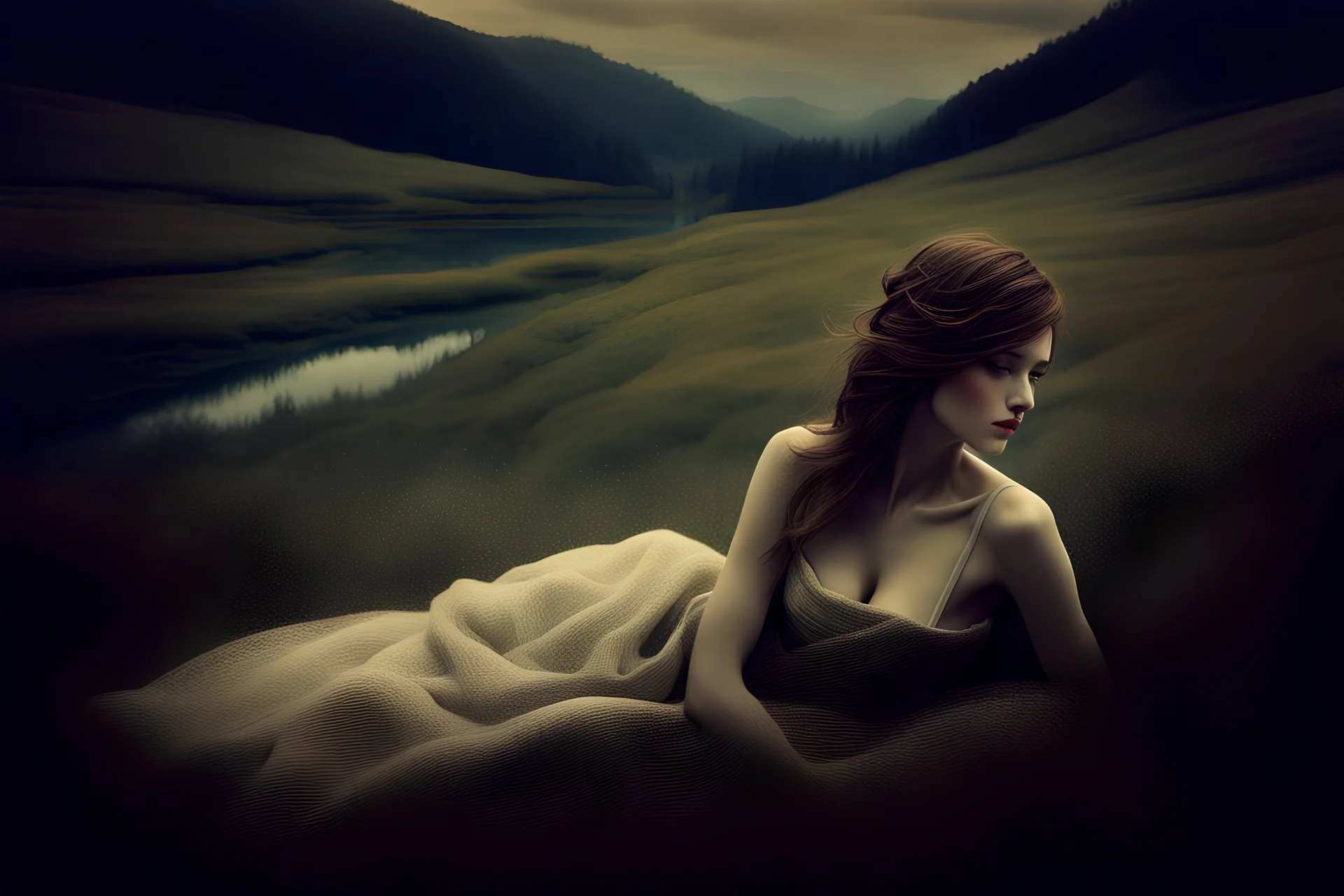 Single image: A Very Beautiful pretty dreamy Lady in eerie beautiful landscape art by Anka Zhuravleva, Sandy Welch, Jane Small, Aliza Razell, Eduard Veith, Joel Robison, Mikhail Vrubel, Ferdinand Hodler, Christoffer Relander, William Timlin, Charles Rennie Mackintosh, John Lowrie Morrison, Sidney Nolan. 3/4 Headshot, Volumetric lighting, 3d, mixed media, Best quality, crisp quality