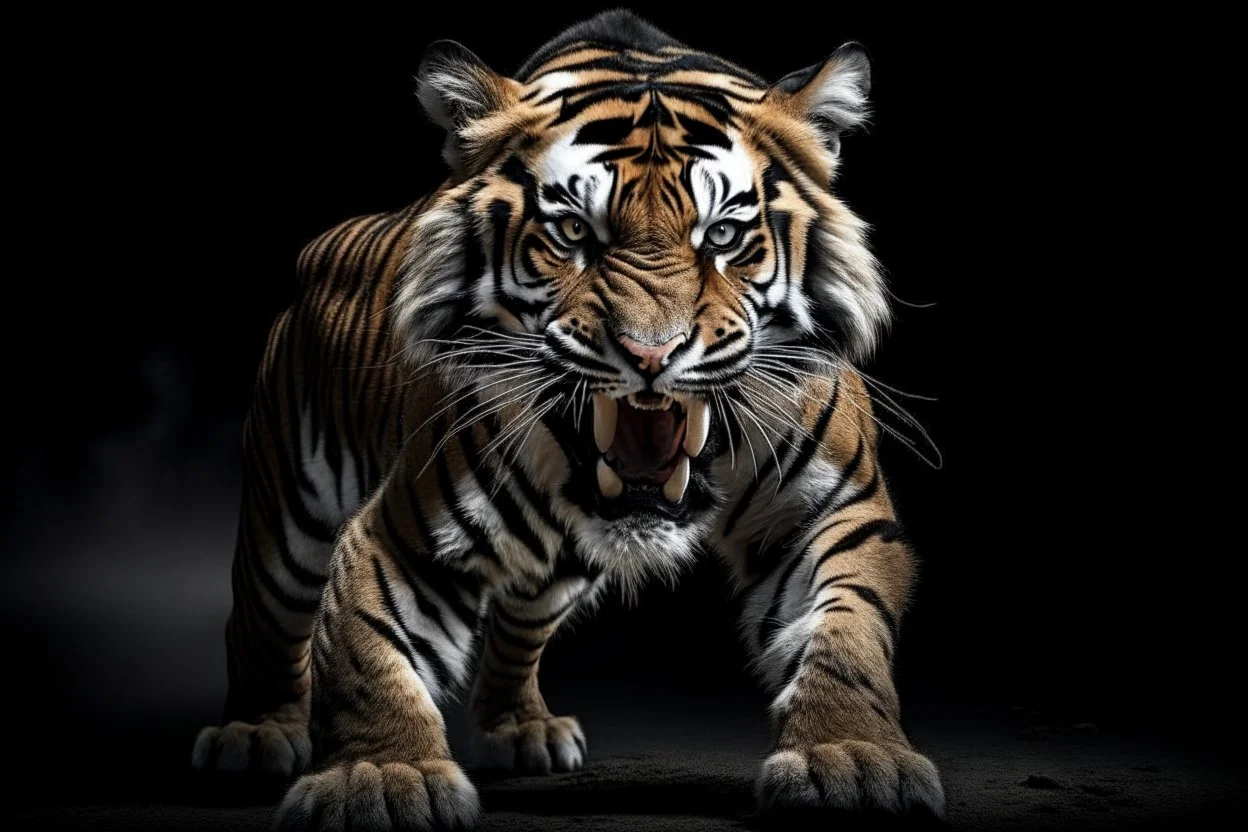 A captivating image of a attacking angry Siberian Tiger, poised on a vast field with a stark contrast between light and dark, conveys a powerful sense of tension. In this expertly captured photograph, the predatory animal stands tall, its muscular frame oozing strength and dominance. The sharpness of every detail accentuates the creature's primal aura, from its razor-sharp teeth and piercing eyes to its sleek, glossy fur. This mesmerizing image, with its impeccable composition