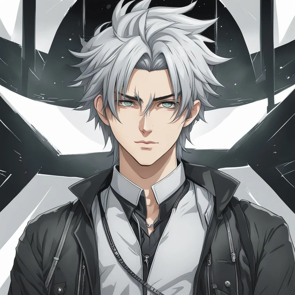 A stunningly detailed (((headshot portrait))), capturing the essence of a young man in his 20s with silver hair and piercing gray eyes, exuding a sense of confidence and protection, anime realism style