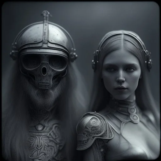 A viking boy and a girl, hr giger, scary, steam punk, realistic, made in octane, cinematic, ultra-realistic, extremely detailed octane rendering, 8K, VRAY Super Real ar 2:3, dof photorealistic futuristic 50mm lens hard lighting dark gray tintype photograph, realistic lighting, sepia color