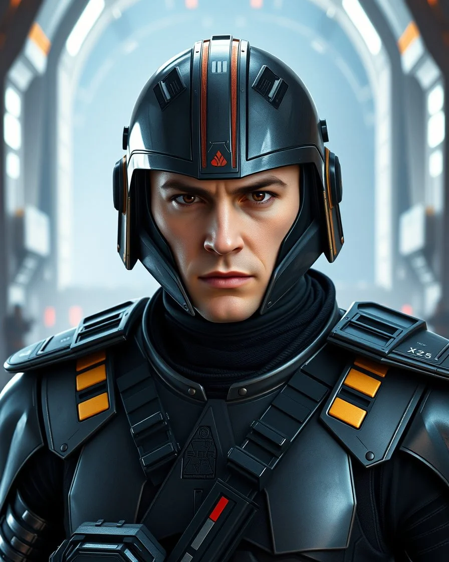 star wars bald male corellian pilot wearing pearlescent black and gunmetal grey First Order special forces heavy assault armor and helmet with gold and metallic red trim inside the jedi temple, centered portrait, hyperdetailed, dynamic lighting, hyperdetailed background, 8k resolution, volumetric lighting, light skin, fully symmetric details