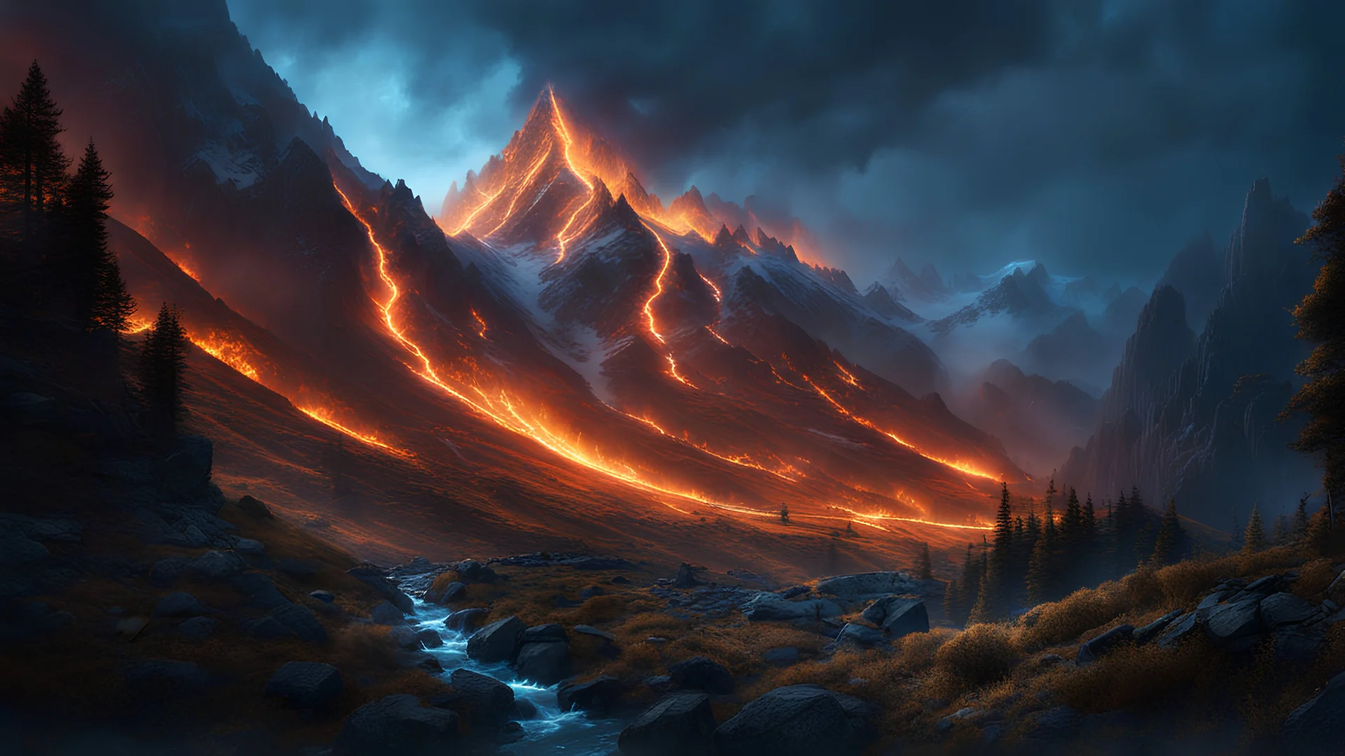 A mountain side burning with powerfull, blue magic. dark fantasy concept art, exquisite realism, a masterpiece, dynamic lighting, hyperdetailed, intricately detailed, deep color, Unreal Engine, volumetric lighting , Epic cinematic brilliant stunning intricate meticulously detailed dramatic atmospheric maximal,