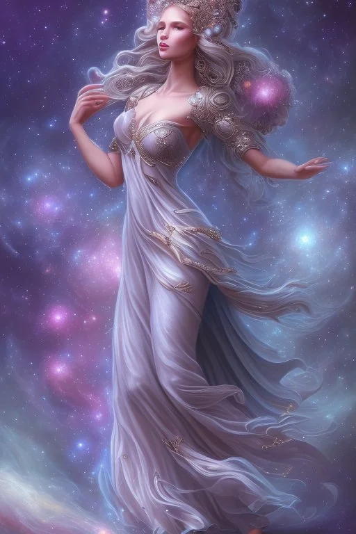 Create an image of a full body cosmic Goddess. The goddess should be depicted as a beautiful and powerful figure, surrounded by cosmic stars. Her hair should be long, blond and flowing, and she should be dressed in a flowing gown blue celestial robe. In the background, include imagery of pink flowers, blue sky,trees. The image should evoke a sense of joy, celebration, and spiritual connection to nature.