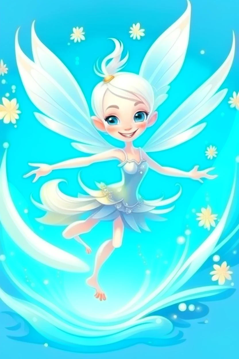 fantasy cartoon style illustration: mischievous ice fairy flying in the air