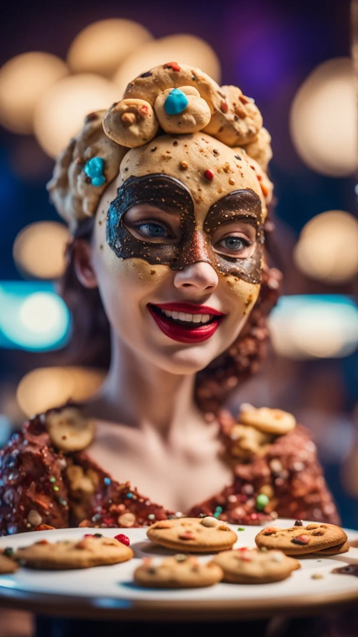 portrait of horny cute woman with cookie mask, baker of the highest many storied advanced art cake sculpture during a casino game show, bokeh like f/0.8, tilt-shift lens 8k, high detail, smooth render, down-light, unreal engine, prize winning