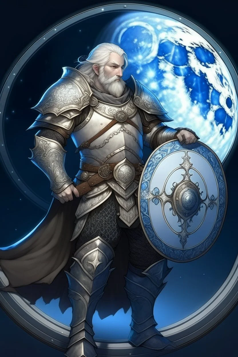 Please create an image for a 30-year old aasimar male with silver hair and a short, square beard and blue eyes. He is standing outside in the moonlight wearing plate armor and wielding a shield and a hammer. His equipment is adorned in multiple places with a crescent moon