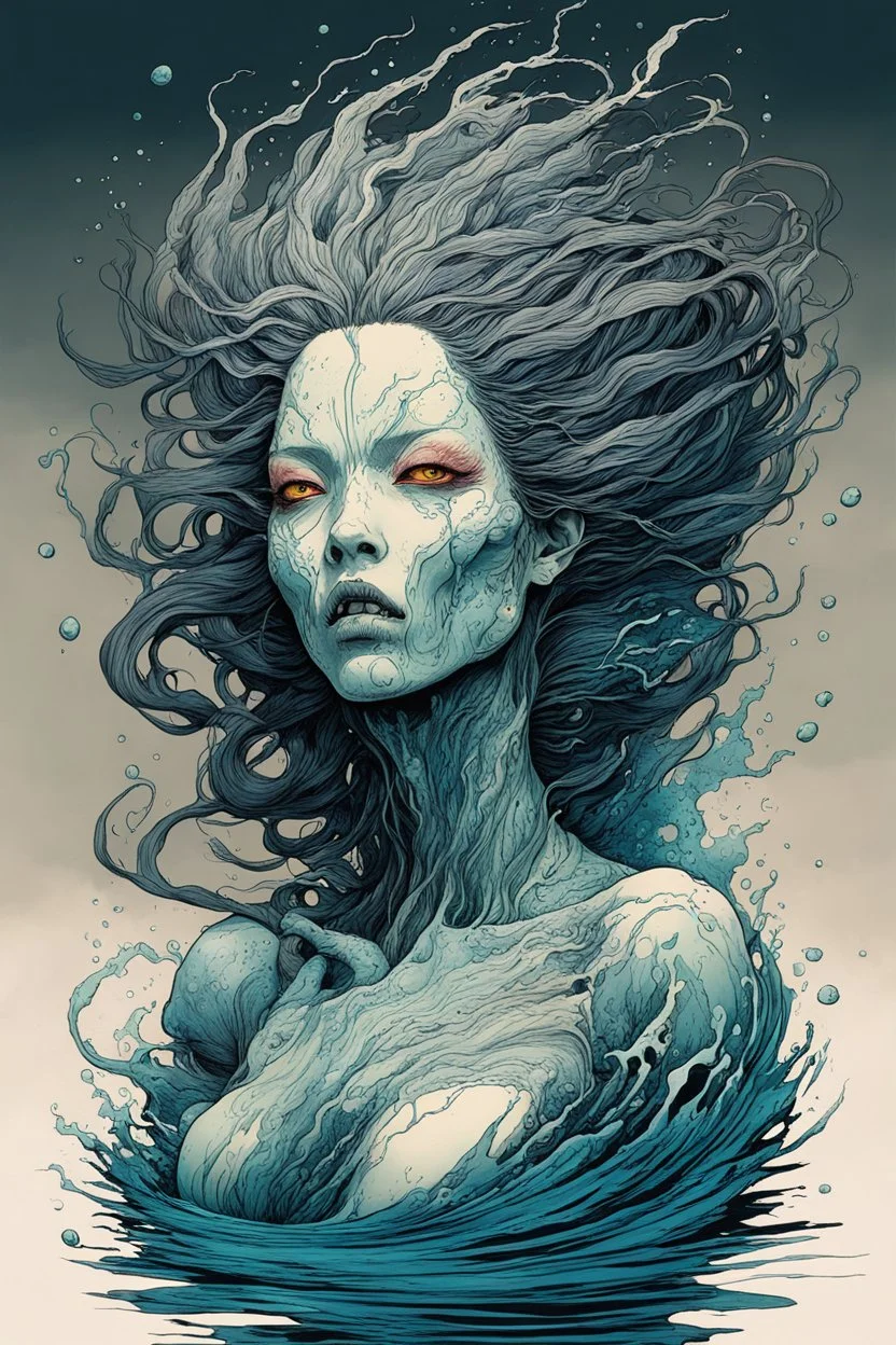 illustration of a drowned undead shape shifting female Funayurei water spirit in the style of Alex Pardee , Jean Giraud Moebius, and Katsushika Hokusai, highly detailed, boldly inked, deep murky aquatic color