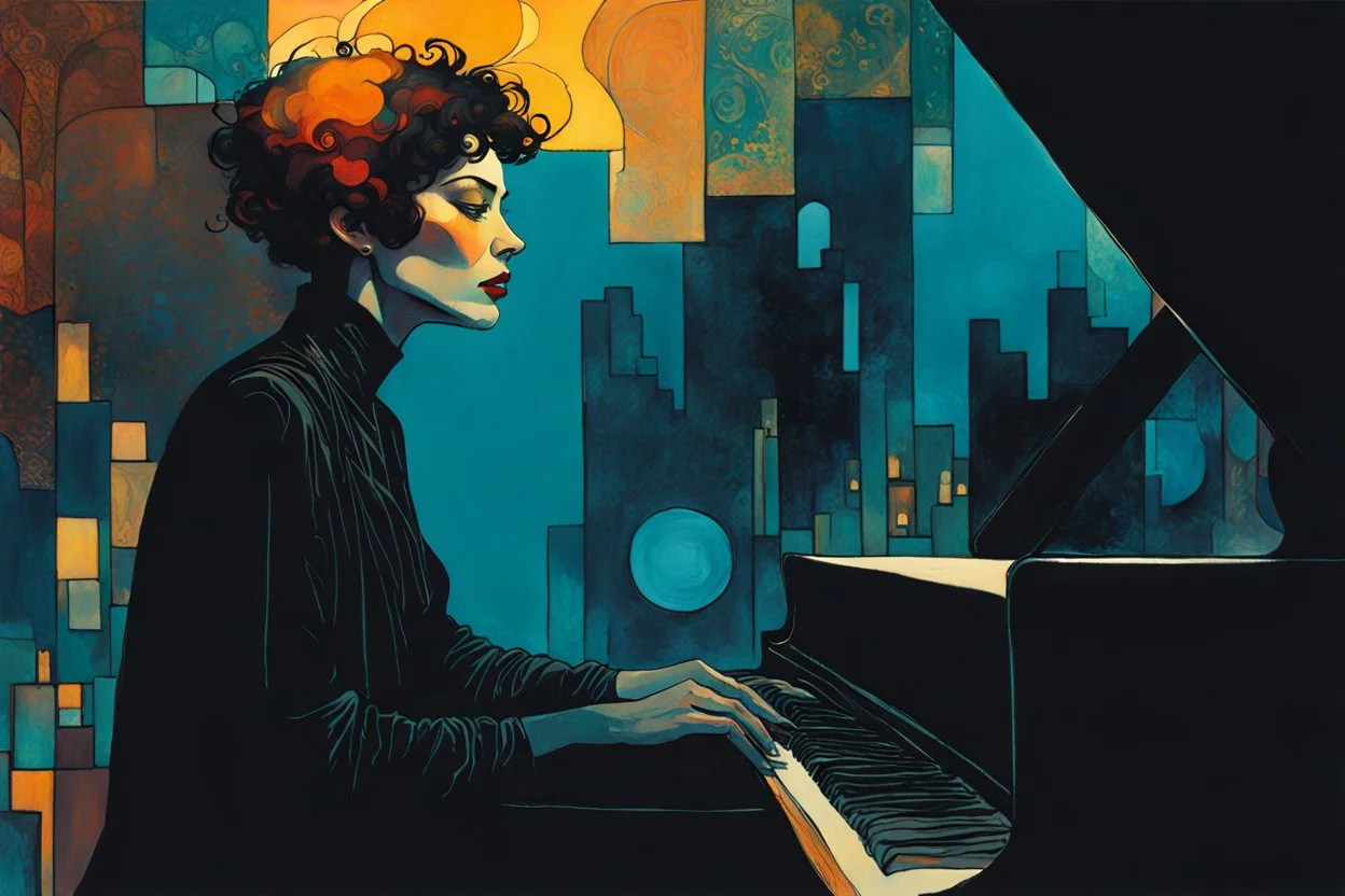 create an abstract expressionist, highly ethereal, darkly magical illustration of a deeply sorrowful, woman with short cropped hair, at her piano in a smokey nightclub, with highly detailed and deeply cut facial features, in the style of GUSTAV KLIMT, PABLO PICASSO, combined with the comic art style of BILL SIENKIEWICZ and JEAN GIRAUD MOEBIUS, searing lines and forceful strokes, precisely drawn, boldly inked, and darkly colored