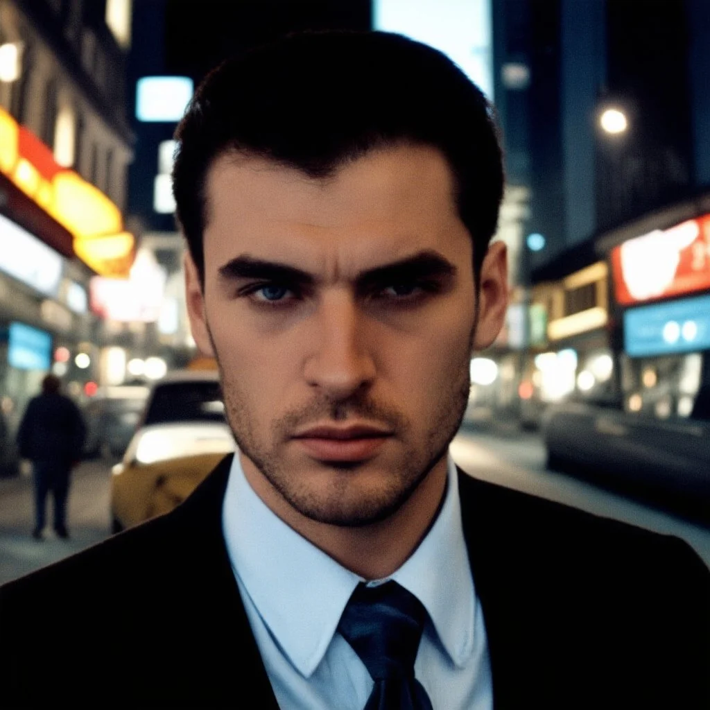very grainy discolored photo, face portrait, night street, grunge, 2000s Russia, businessman, extremely gaunt, haughty, perfect looking, handsome, nice suit, extremely pale, inhuman