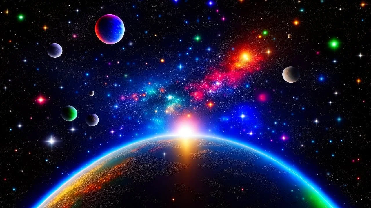 The image presents a beautiful glimpse of the universe and its various components. In the background, we can see a sky filled with shimmering stars, indicating our immersion in the world of astronomy. In the foreground, a planet glows with its unique brilliance, and its details are clearly visible. The light of the stars and the planet appears in multiple colors, creating a enchanting scene that always reminds us of the beauty and magnificence of the cosmos and the significance of astronomy in u