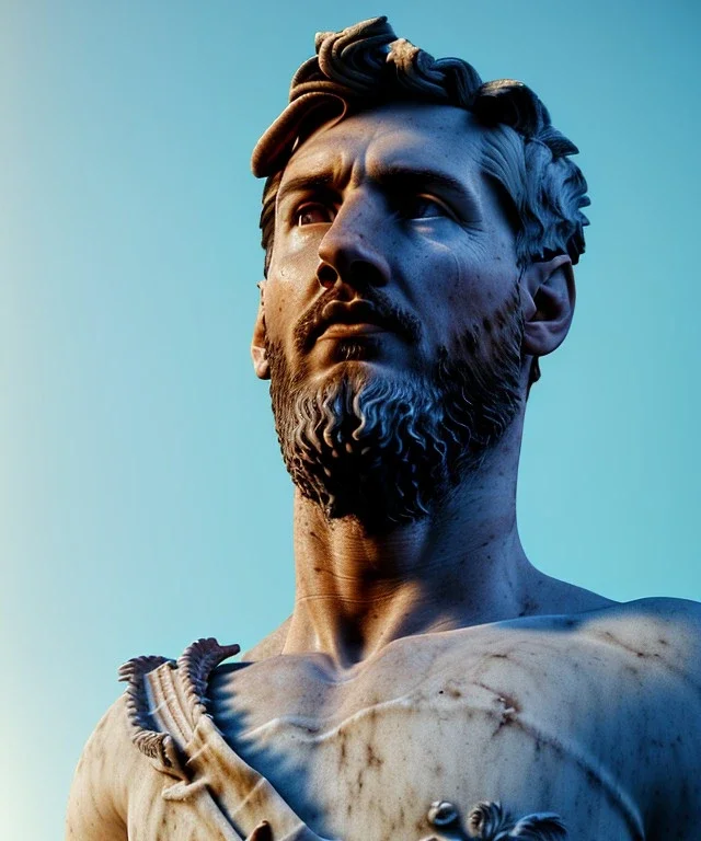 Ultra Realistic image, roman sculpture, marble deluxe material, Lionel Messi, Laurel leaves crown model, miguel angel style, chisel style, emperador, waist up portrait, cinematic lighting, God light, god rays, 4k resolution, smooth details, ornate details, soft lighting, unreal engine 5, sky background.