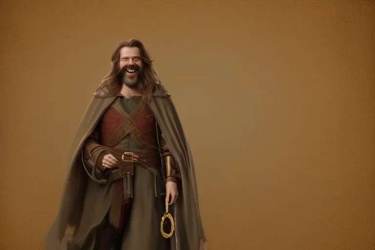 An ethereal laughing long haired bearded tall man wearing rugged long merchant's coat a cape and gold earrings and jewelry. medieval fantasy, black background