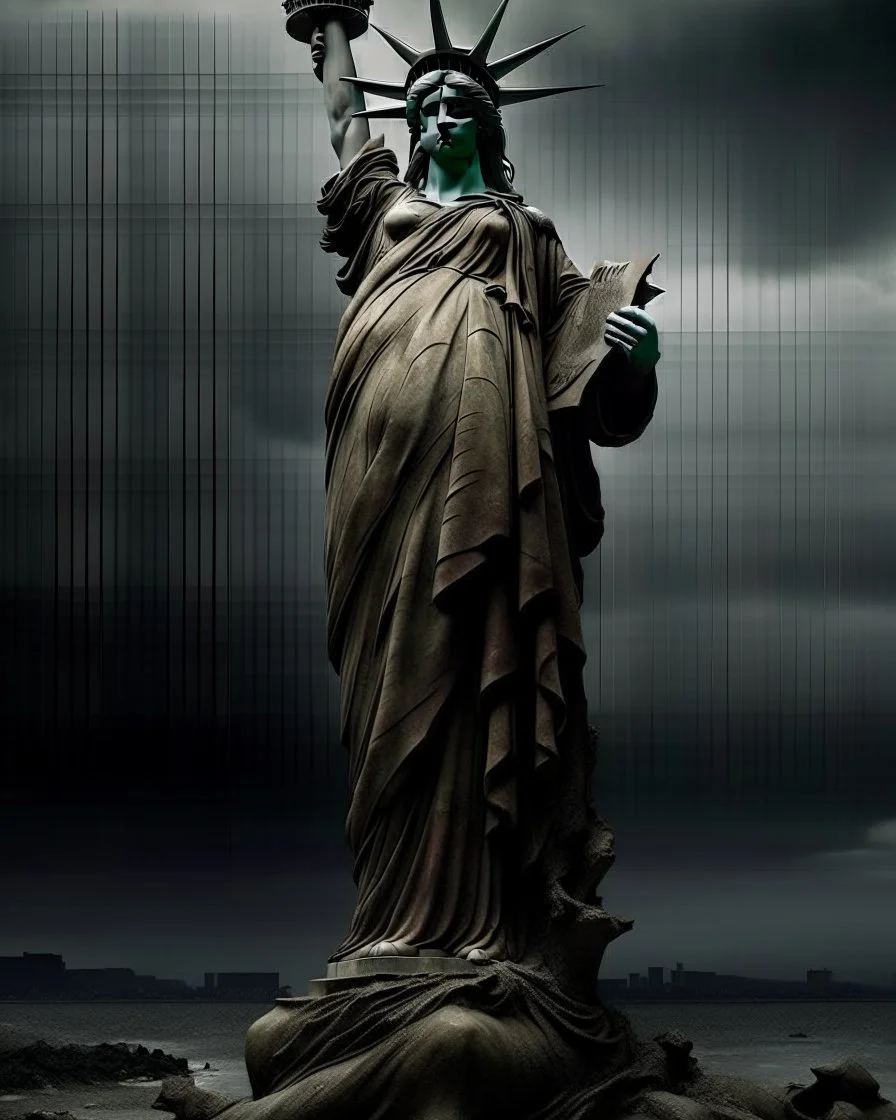 the statue of liberty, dress dirty and torn, her face solemn and terse, trash littered at her feet, she holds a crumpled american flag, she walks away under a dark and dreary sky