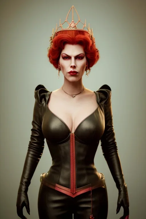 Hannah Waddingham as evil queen in black leather, busty, cleavage, volouptous, rebecca Welton, angry, stern look. character design by cory loftis, fenghua zhong, ryohei hase, ismail inceoglu and ruan jia. unreal engine 5, artistic lighting, highly detailed, photorealistic, fantasy