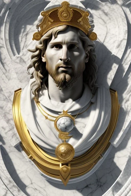 Ultra Realistic image, classical renaissance sculpture, white marble material, Lionel Messi, sun radial crown, chisel style, waist up portrait, epic, celestial, gold, cinematic lighting, God light, god rays, 4k resolution, smooth details, ornate details, soft lighting, unreal engine 5, marble background.