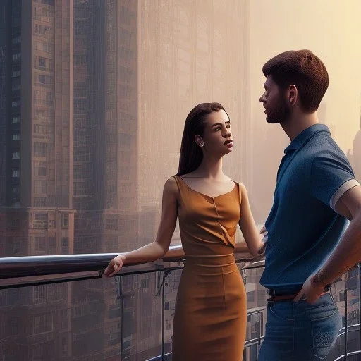 a man and a woman screaming at each other on a balcony, downtown new york, dramatic, dramatic lighting, volumetric lighting, hyperrealism, 8k, high quality, photorealistic, lot of details