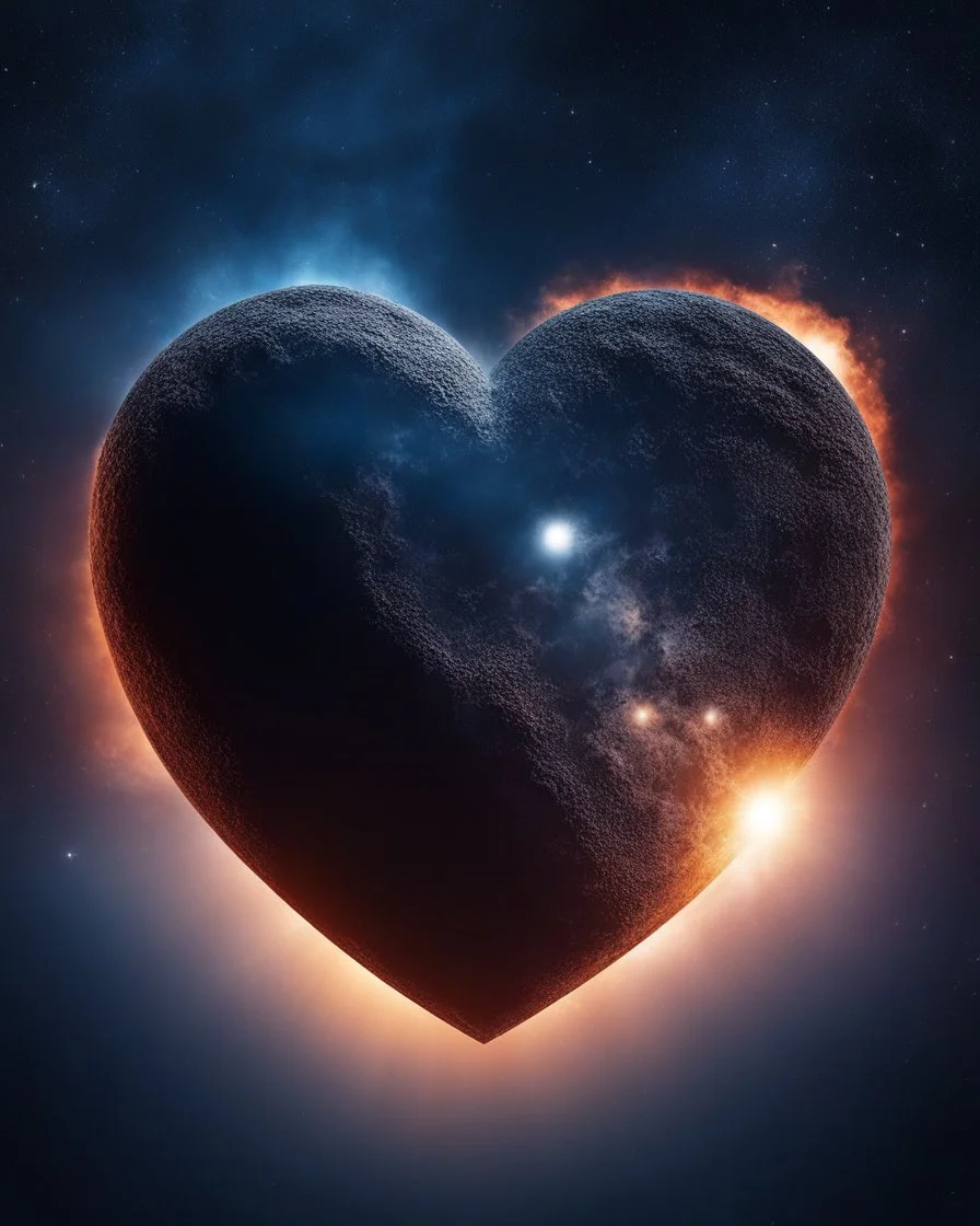 Moon in shape of realisitic heart, biological heart, cinematic, {abstract}, depression, space background, atmospheric, fire, DLSR, soft focus, dispersion