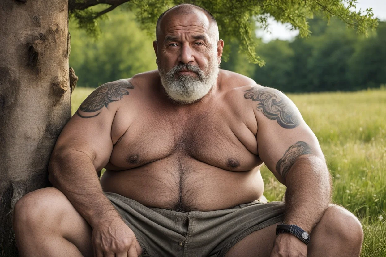extreme close up of a 55 year old turkish farmer tattoed, sturdy, hairy very muscular overweight, with very short beard ,shaved hair , big nose, big shoulders , big arms, relaxes sitting leaning against a tree in the middle of a meadow full of pigs, shirtless with ruined old shorts, strong and muscular hairy legs, bare feet, photorealistic bucolic scene, view from the bottom, looking at camera