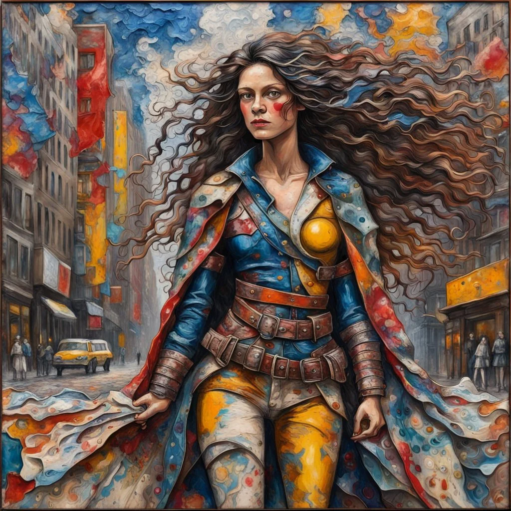 a captivating encaustic and ebru art that portrays a strong, fighter woman confidently navigating the bustling streets of new york city. her wild, brunette flowing hair is adorned with vibrant, colorful rags, and she wears a striking, futuristic outfit composed of rags, trinkets, and a cut-off leather