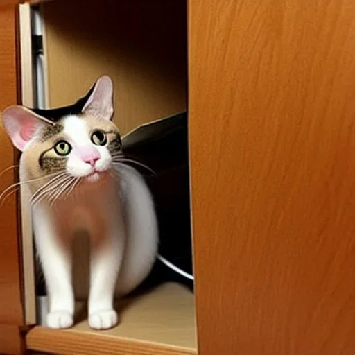 cat finds mouse under cupboard