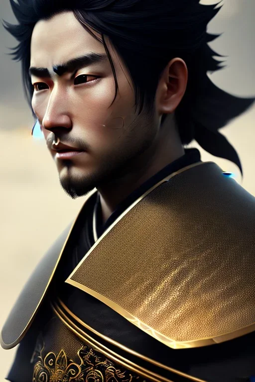 Detailed young samurai man, black hair, black leather armor, intricate details, full body portrait, keep head in frame, black Japanese motif, concept art, highly detailed, digital painting, concept art, sharp focus, illustration, HDR, octane render