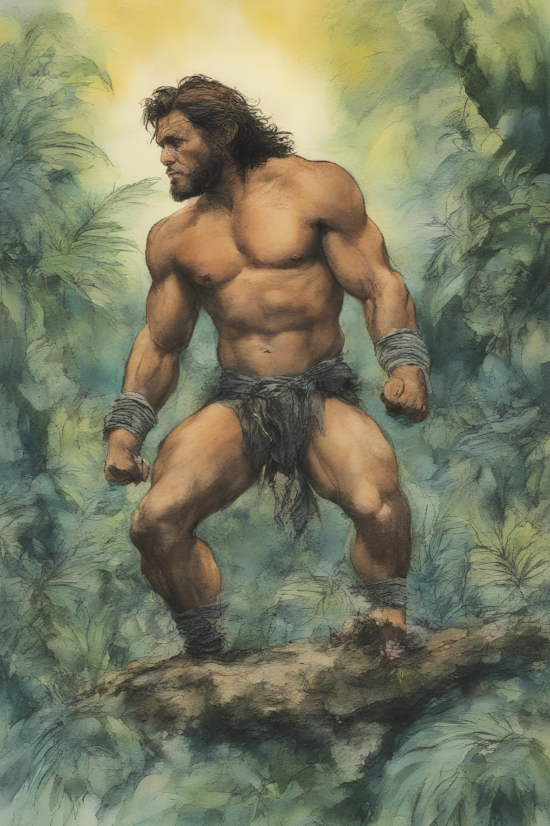 Tarzan, King of the Jungle - ink and colored pencil, watercolor, Pastels, Acrylic