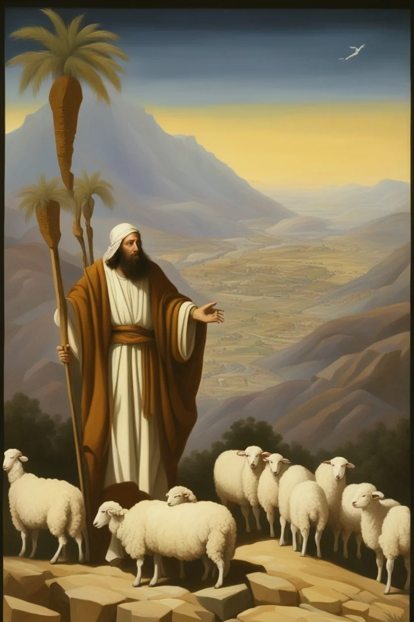 Moses stands on a mountain and holds a crooked wooden staff. Next to HIM ARE SEVERAL SHEEP, at HIS feet are stone tablets on which the ten commandments of God are written, and below is a valley with cities of Palestine where milk and honey flow. sand, palm trees and mountains. There is a silhouette of God in the sky. Everything is painted in oil painting with high-quality drawing of details