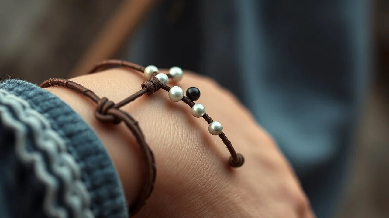 macro photo of a bracelet made of brown leather and tiny pearls in ethno style on a woman's wrist, detailed, sharp contrasts, realistic, cinematic, blur background
