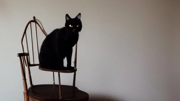 A black cat sitting on a chair in a room.