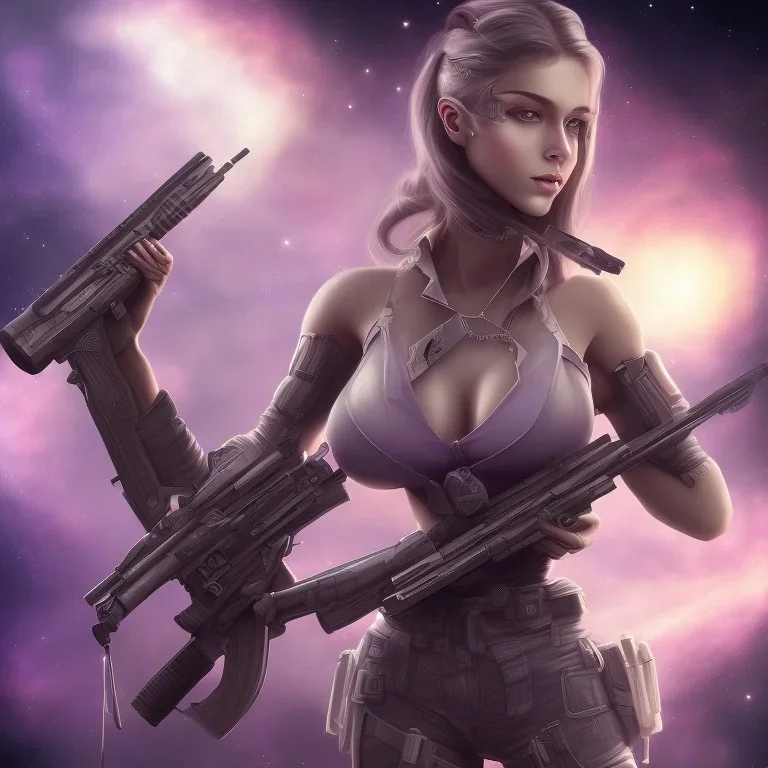 A girl with big naked breasts and beautiful and large military rifle in the galactic Purple space