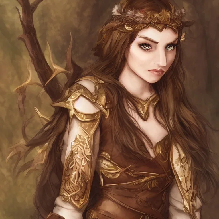 dungeons and dragons female elf druid, brown hair, brown eyes, pale skin, realistic, full body