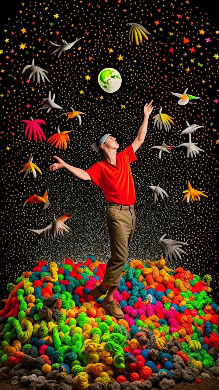 a straw man jumping to touch the moon, surrounded by multicolored paper birds, studio portaiture, john lurie, sony alpha a1, studio portrait