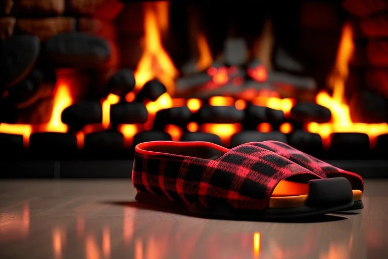 Night time red plaid slippers on black bearskin rug,log cabin walls, stone fireplace